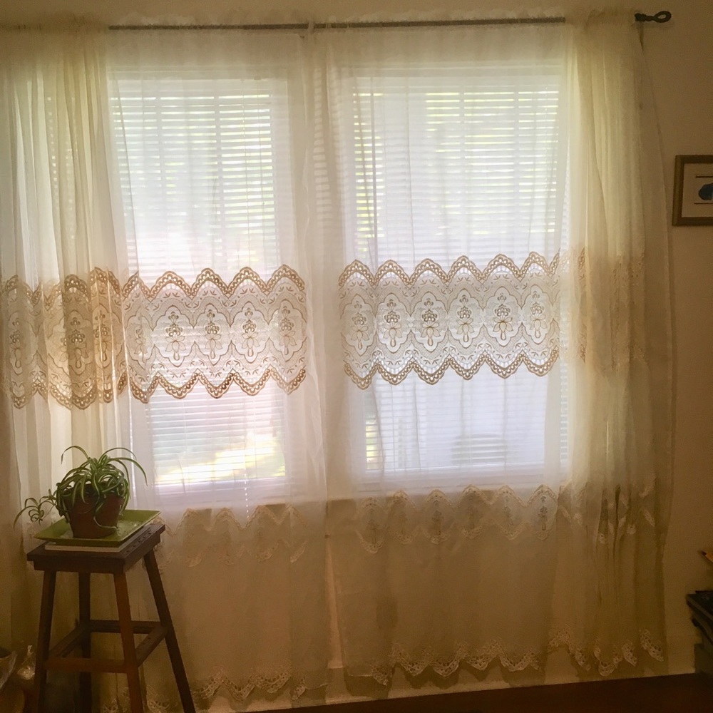 4 panels Vintage Cream and Gold Patterned Drapes